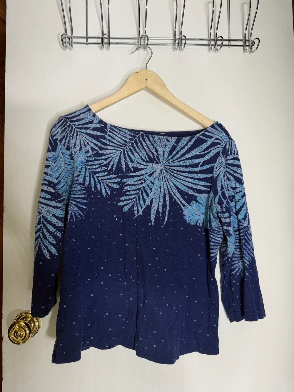 Tommy Bahama Navy Blue Palm Print Boatneck Top